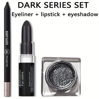 3pcs/SET makeup set: lipstick + eyeliner + eyeshadow, black series, matte waterproof lipstick, black waterproof eyeliner, shiny liquid pearlescent eyeshadow, match to create a black punk makeup, perfect for Halloween
