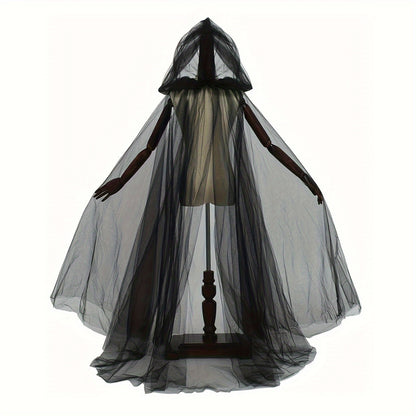 [Elegant Witch Cloak] Double Layer Elegant Witch Cloak with Hat | Halloween Cosplay Costume, Black and White - Adjustable Belt for Scary Parties, Themed Events and Holiday Wear, Tasseled Polyester Fabric, 1pc