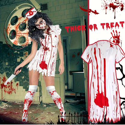 6pcs Halloween Nurse Costume Set for Women - Vintage Style, Polyester Fiber, Includes Dress, Hat, Blood-Dripping Necklace, Fake Knife, and Stockings with Red Accents, Perfect for Adult Cosplay