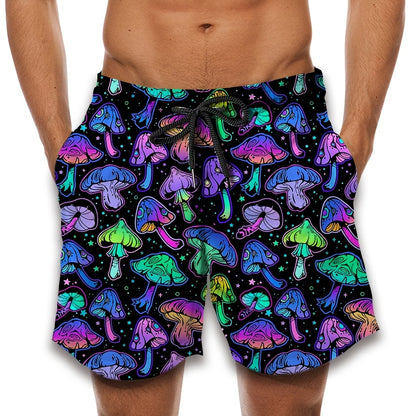 Men's Retro Neon Mushroom 3D Print Casual Athletic Shorts - Vibrant Psychedelic Design, Drawstring Waist, Comfortable for Basketball & Streetwear