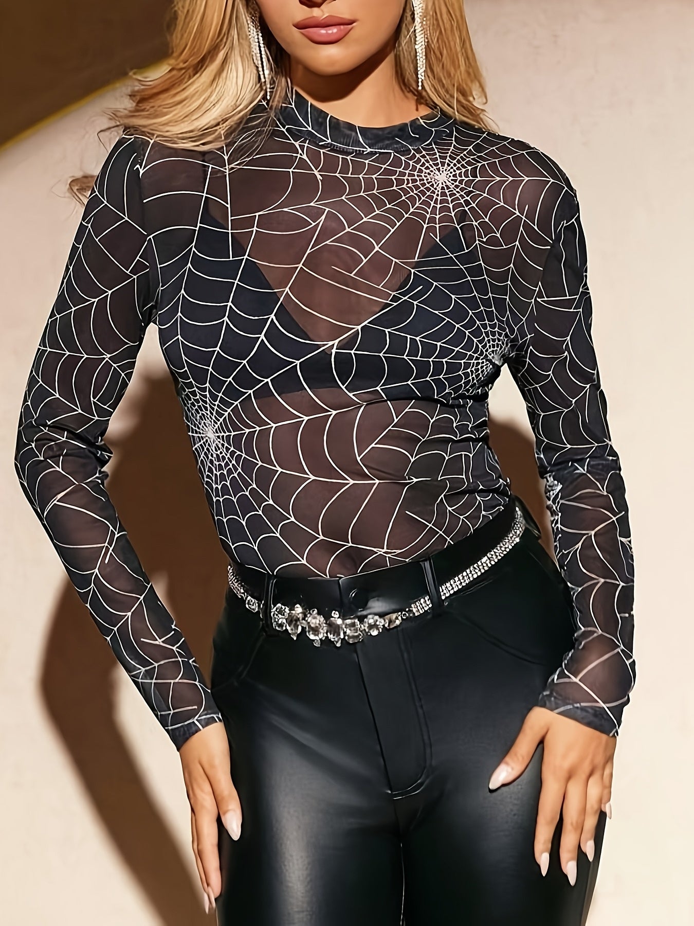 [Sexy Sheer Mesh Top] Sexy Sheer Mesh Women's Spider Print Top | Long Sleeve Round Neck Blouse, Stretchy Polyester & Spandex Blend, Machine Washable, Versatile Casual to Evening Wear for Spring Summer Fall