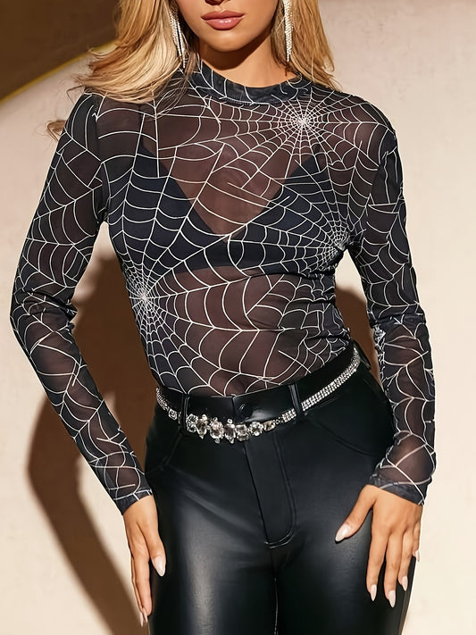 [Sexy Sheer Mesh Top] Sexy Sheer Mesh Women's Spider Print Top | Long Sleeve Round Neck Blouse, Stretchy Polyester & Spandex Blend, Machine Washable, Versatile Casual to Evening Wear for Spring Summer Fall
