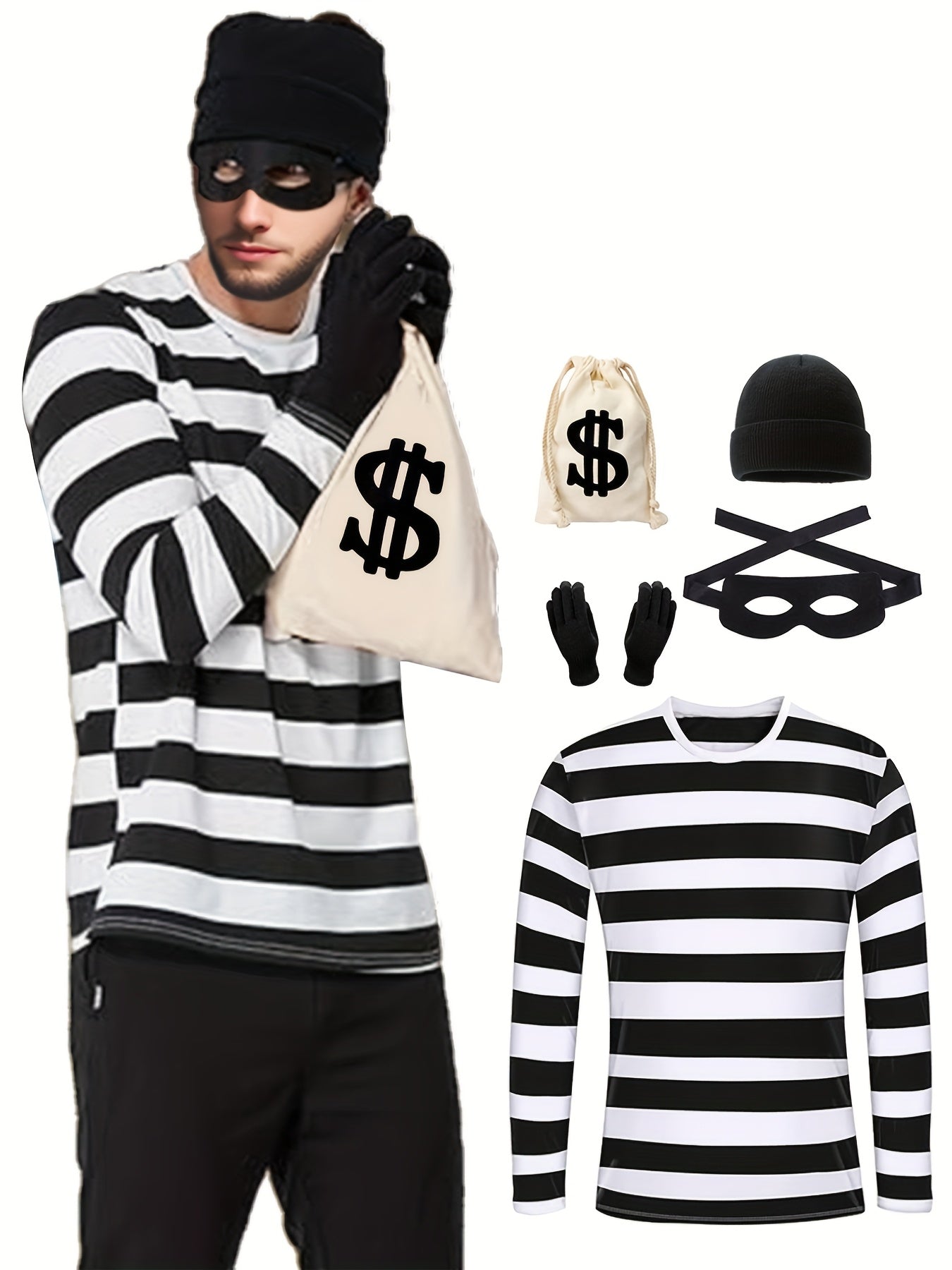 [Strong Criminal Clothing Set] 6pcs Set of Strong Criminal Clothing | Neutered Thief Cosplay Black And White Striped Long-Sleeved T-Shirt, Beanbag Hat, Gloves, Mask, Halloween Money Bag, Transformed Criminal Clothing, Men's P