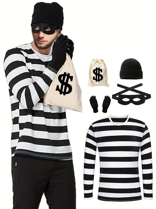 [Strong Criminal Clothing Set] 6pcs Set of Strong Criminal Clothing | Neutered Thief Cosplay Black And White Striped Long-Sleeved T-Shirt, Beanbag Hat, Gloves, Mask, Halloween Money Bag, Transformed Criminal Clothing, Men's P
