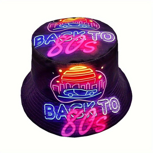 Back to the 80s 90s" Neon Cityscape Bucket Hat - Double-Sided Print, Lightweight & Stylish Fisherman'S Cap, Perfect for Parties & Beach Outings, Machine Washable, Vibrant Purple with Pink & Blue Neon Signs, City Car Design, I