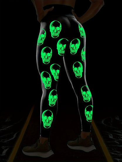 Women'S High-Waisted Stretchy Fitness Leggings with Glow-in-the-Dark Skull Print - Black, Elastic Waistband, Long Length for Running, Yoga & Halloween Party Wear, Yoga Pants, Halloween Leggings, Bold Graphic Pants, Highelasti