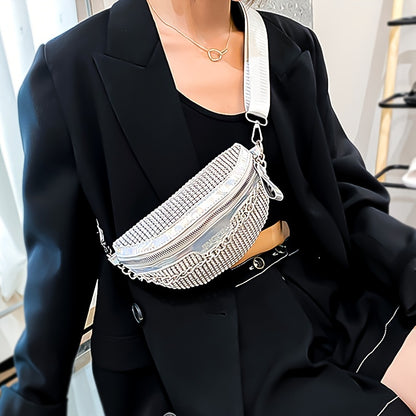 Shining Rhinestone Waist Bag, Bling-Bling belt bag for Women, Trendy Chain Decor Crossbody Chest Bag Bum Bag belt bag