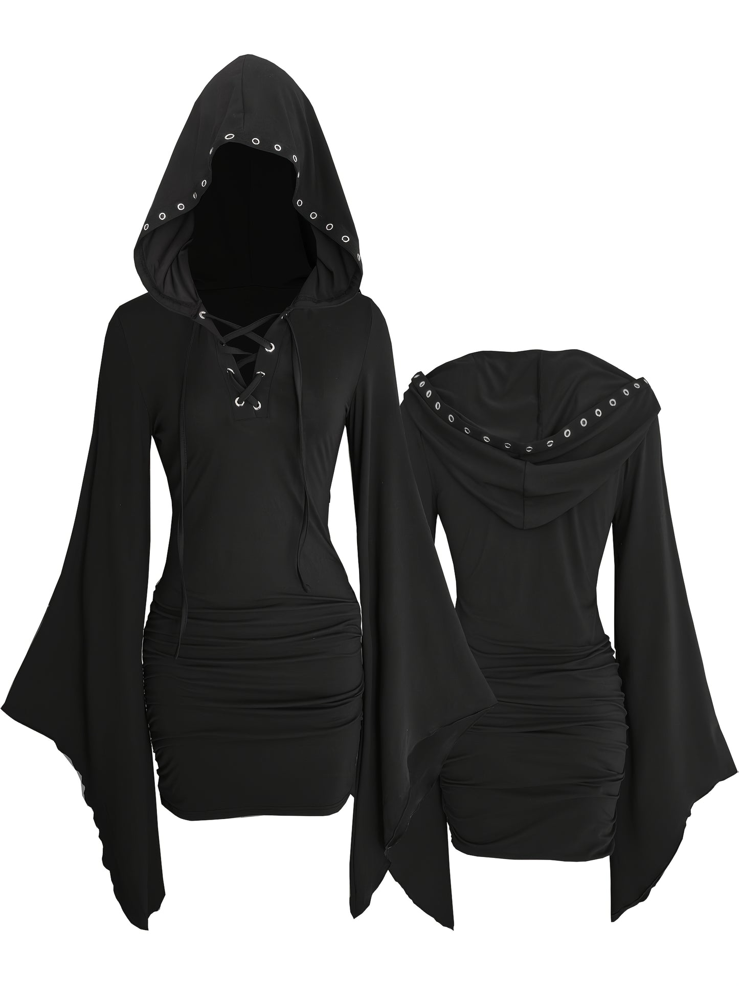 Gothic Women'S Hooded Batwing Sleeve Bodycon Dress with Punk Metal Decorative Hat - V-Neck, Long Sleeve, Knee-Length Halloween Costume for Adults, Black, Halloween Attire | Edgy Fashion | Glossy Finish, Halloween Costumes