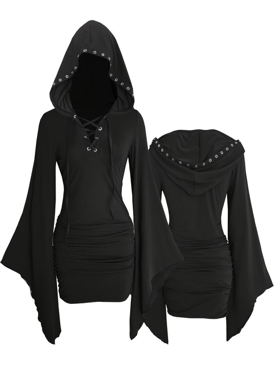 Gothic Women'S Hooded Batwing Sleeve Bodycon Dress with Punk Metal Decorative Hat - V-Neck, Long Sleeve, Knee-Length Halloween Costume for Adults, Black, Halloween Attire | Edgy Fashion | Glossy Finish, Halloween Costumes