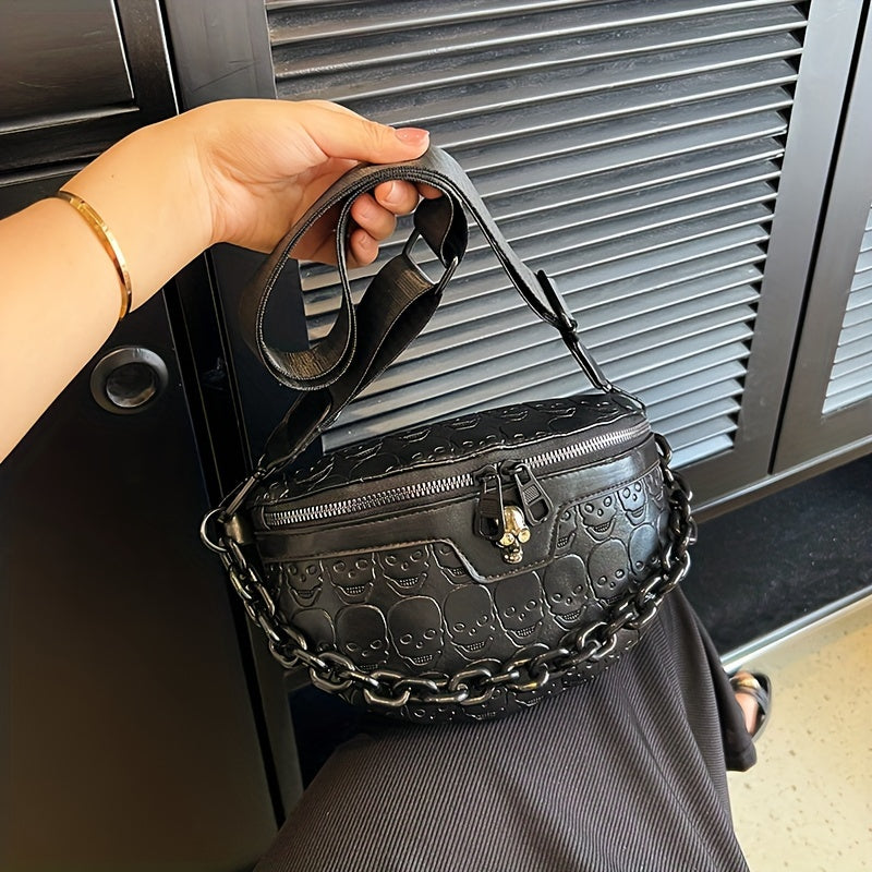 [Skull Crossbody Bag] Skull Embossed Women's Black Crossbody Bag | Versatile Shoulder & Waist Purse with Zipper Closure, Polyester Lining | Perfect for Halloween or Everyday Use, Halloween Accessories