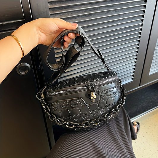 [Skull Crossbody Bag] Skull Embossed Women's Black Crossbody Bag | Versatile Shoulder & Waist Purse with Zipper Closure, Polyester Lining | Perfect for Halloween or Everyday Use, Halloween Accessories