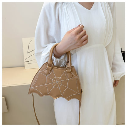 Halloween Women'S Bat Wing Spider Web Handbag - Lightweight Synthetic Faux Leather Tote with Geometric Spider Web Design, Zipper Closure & Detachable Strap, Gothic Style for Daily Use or Party Outfits, Durable Polyester Linin