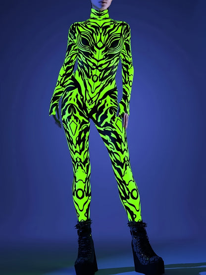 ENNMEI Women's Sexy Long Sleeve Bodycon Jumpsuit - Neon Green Geometric Print, Stretchy & Machine Washable, All-Season Party & Performance Outfit, Festive Attire, Sensual Apparel, Sleek Fit