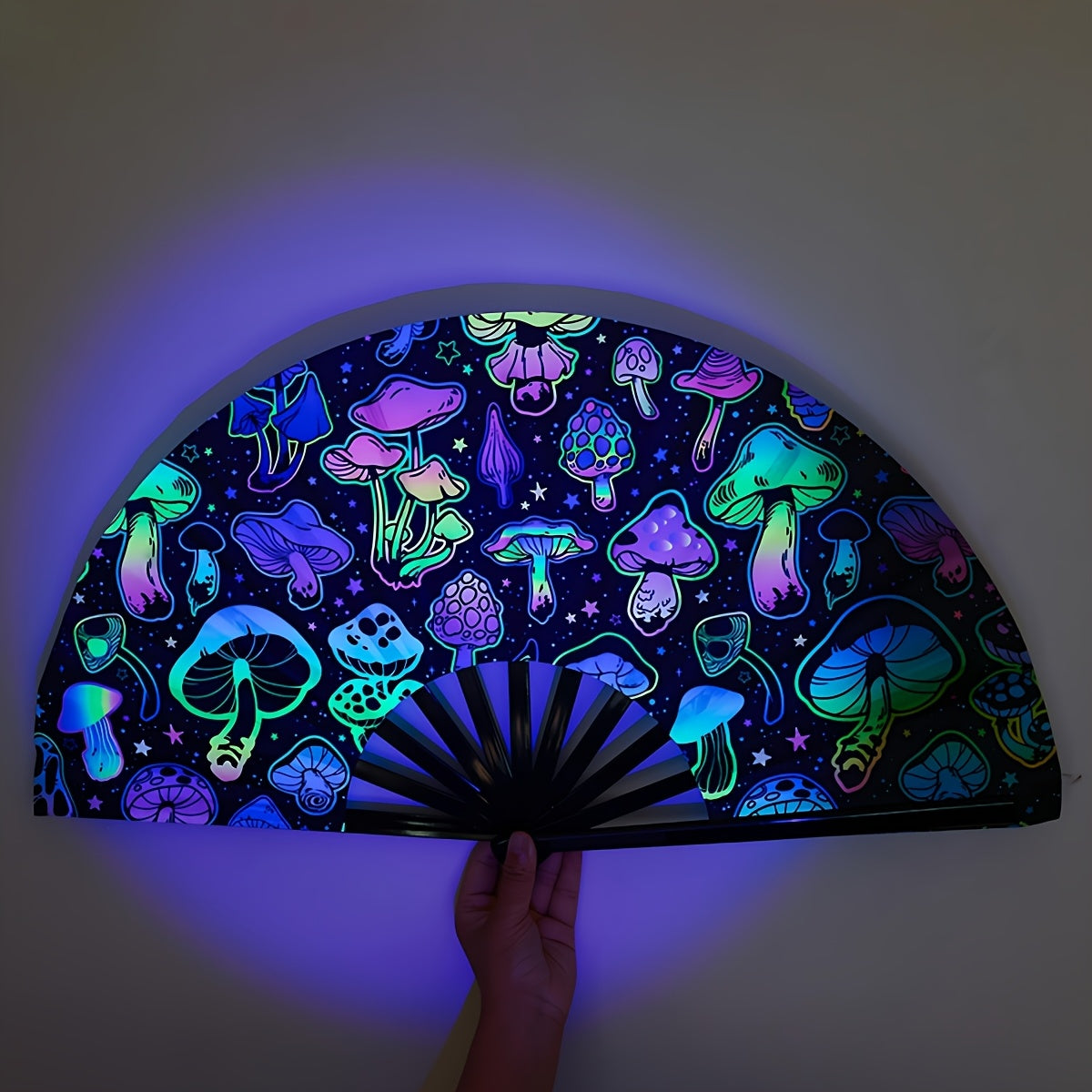 33.02cm Glow-in-the-Dark Mushroom Folding Fan - Vibrant Neon Psychedelic Design, Handheld PP Material for Parties, Raves, Halloween, Concerts, Cosplay & Themed Events - No Battery Needed, Mushroom Decor