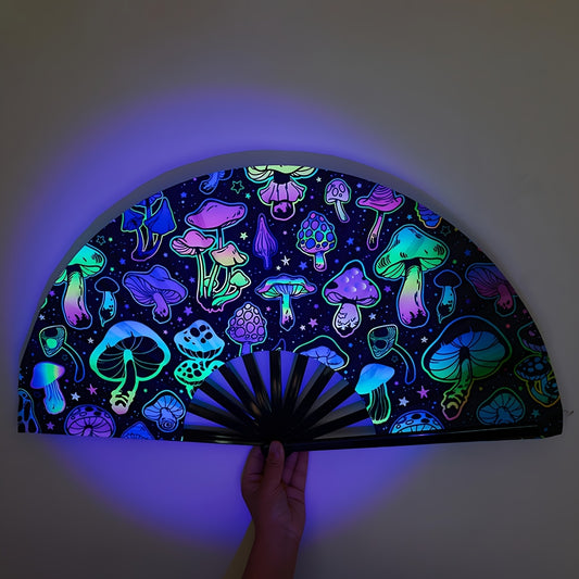 33.02cm Glow-in-the-Dark Mushroom Folding Fan - Vibrant Neon Psychedelic Design, Handheld PP Material for Parties, Raves, Halloween, Concerts, Cosplay & Themed Events - No Battery Needed, Mushroom Decor