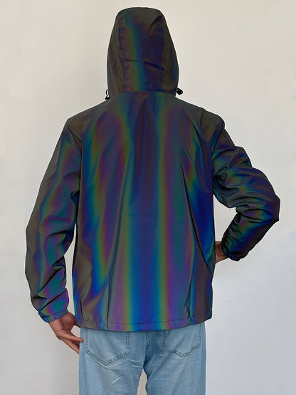 Men'S Reflective Rainbow Hooded Jacket - Stylish Casual Streetwear with Zipper Front, Long Sleeves, and Pockets for Spring & Fall, Spring Jacket | Iridescent Finish | Glossy Finish, Reflective Jacket