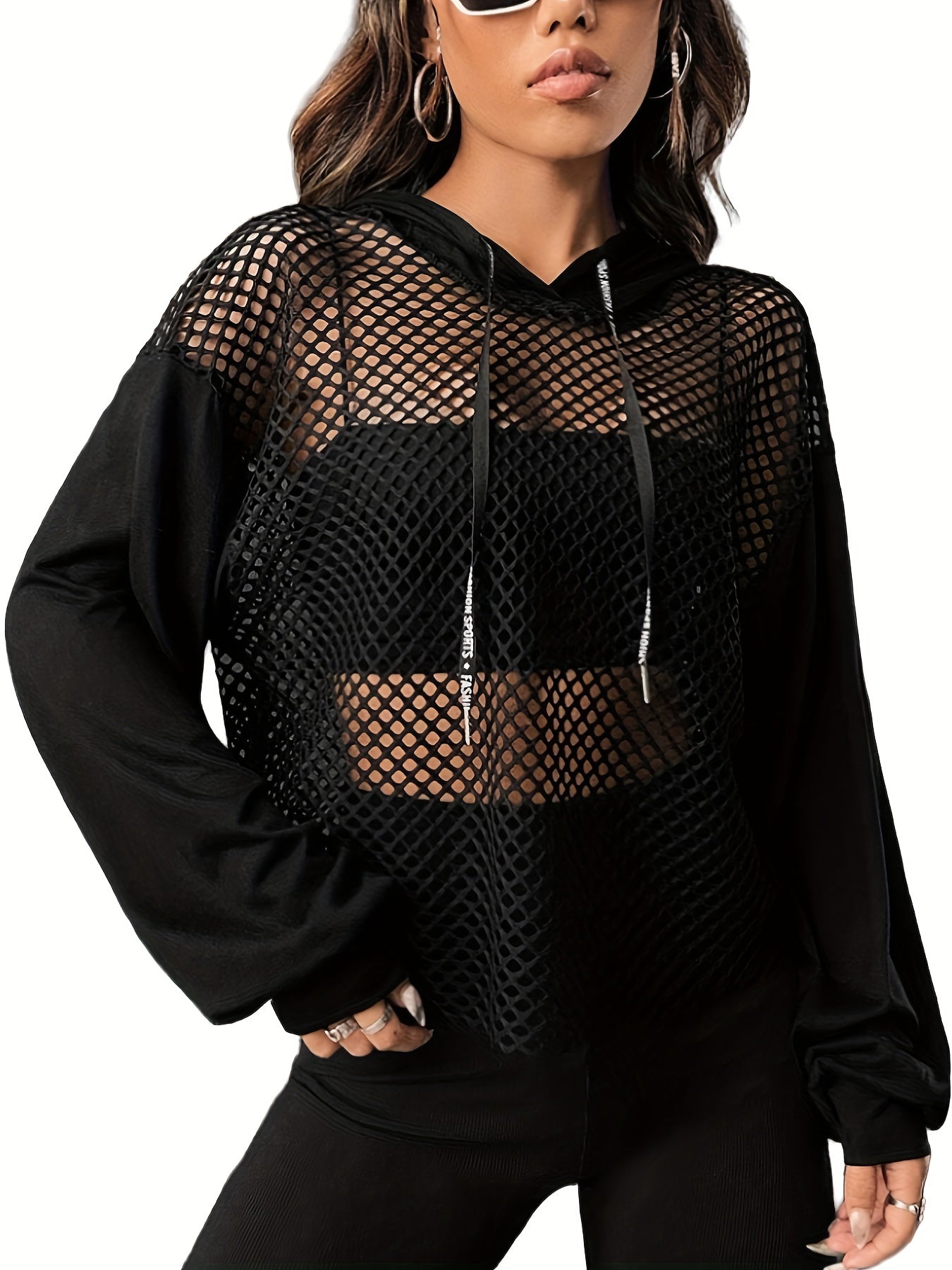 Hollow Out Drawstring Hoodies, Sexy Solid Long Sleeve Sweatshirt, Women's Clothing