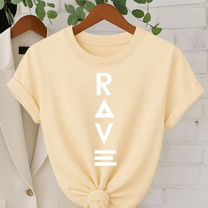 Women's Casual Short Sleeve T-Shirt - Black with Vertical White RAVE Print, Relaxed Fit Round Neck, Machine Washable All-Season Comfort Top, Rave Clothing, Classic Round Neck, Nontransparent Fabric