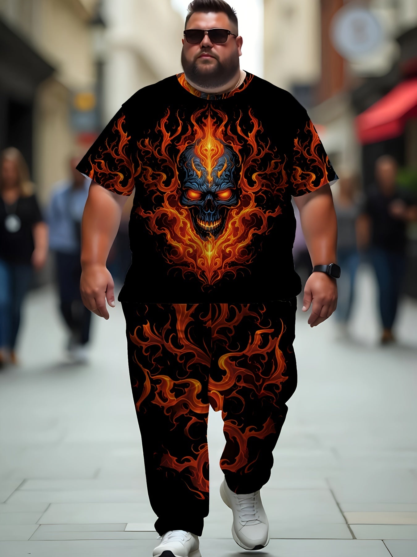 Men's Large Size Round Neck 3D Printed Slim Fit Fiery Skull Personality Free and Bold Att! Fashionable and Trendy Versatile Plus Size Men's Round Neck Casual T-shirt and Pants Set, Tall Men's Two-Piece Set, Outdoor Leisure En