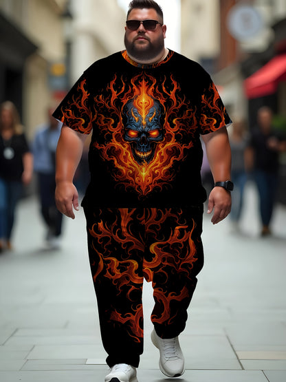 Men's Large Size Round Neck 3D Printed Slim Fit Fiery Skull Personality Free and Bold Att! Fashionable and Trendy Versatile Plus Size Men's Round Neck Casual T-shirt and Pants Set, Tall Men's Two-Piece Set, Outdoor Leisure En