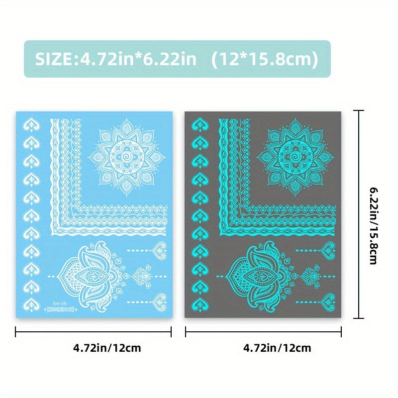 6 Sheets Glow-in-the-Dark Blue Luminous Tattoo Stickers - Tribal White Lace Lotus Mandala Flower Designs, Waterproof Fake Jewelry Pendant Pattern, Perfect for Wedding, Music Festival, Party Supplies and Daily Wear - Easy to A