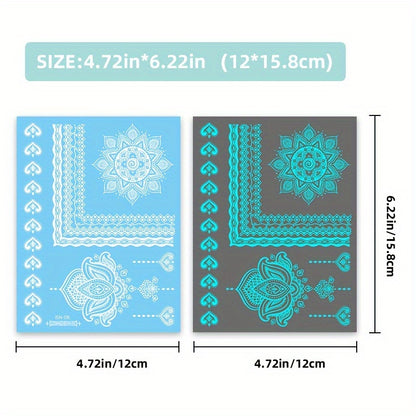 6 Sheets Glow-in-the-Dark Blue Luminous Tattoo Stickers - Tribal White Lace Lotus Mandala Flower Designs, Waterproof Fake Jewelry Pendant Pattern, Perfect for Wedding, Music Festival, Party Supplies and Daily Wear - Easy to A