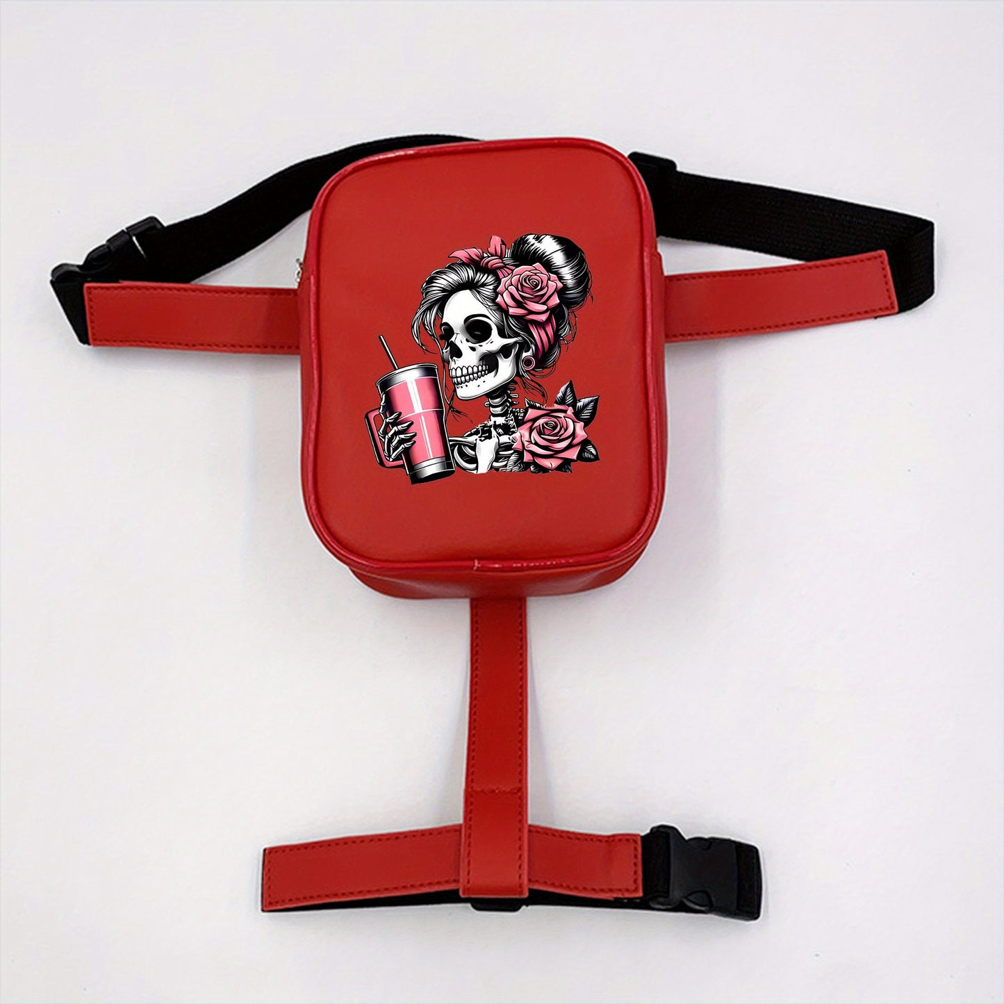 Gothic Skull Print Adjustable Waist Bag - Lightweight Foldable Nylon Sports Pack for Running Cycling Fitness, Black with Pink Roses & Straws Design, Multi-Functional Phone Storage Mini Leg Pack, Cycling Storage Bag | Edgy Fas