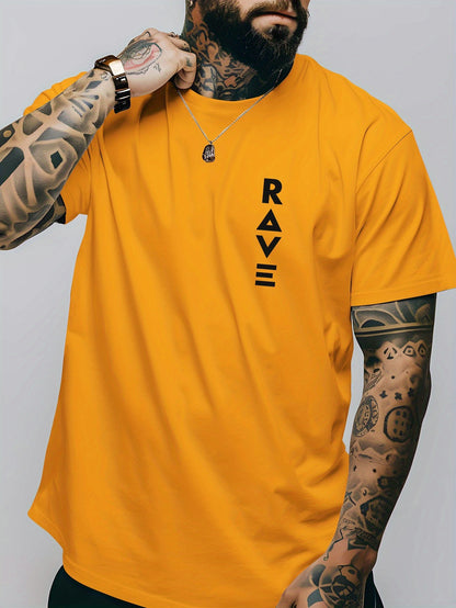 R V Men's Short Sleeve T-Shirt - Vibrant Yellow with Bold RAVE Graphic Print, Breathable Round Neck Casual Top for Summer Beach Resorts & Outdoor Activities
