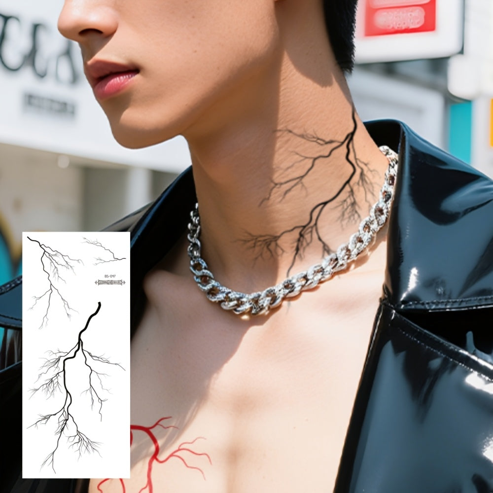 4 Lightning Tattoo Stickers with Floral Blood Vessel Design, Waterproof Halloween Makeup Face Decals - Realistic Black Sketch Temporary Tattoos for Men & Women: Arm, Thigh, Body Art, Long-Lasting Fake Tattoos