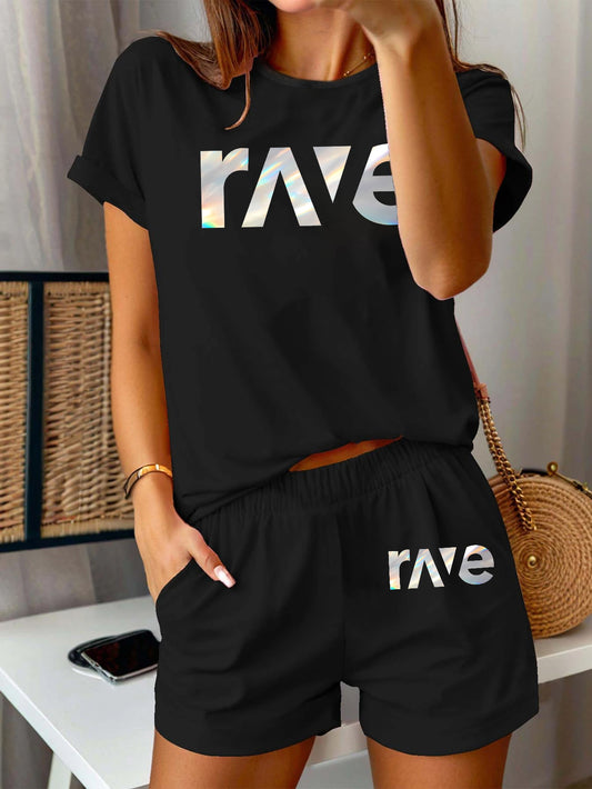 2pcs Women'S Casual Summer Outfit - Rave Graphic Print T-Shirt & Shorts Set, Light Green Polyester Blend, Round Neck, Short Sleeve, High-Waisted Shorts with Drawstring, Perfect for Casual Attire, High Waisted Shorts