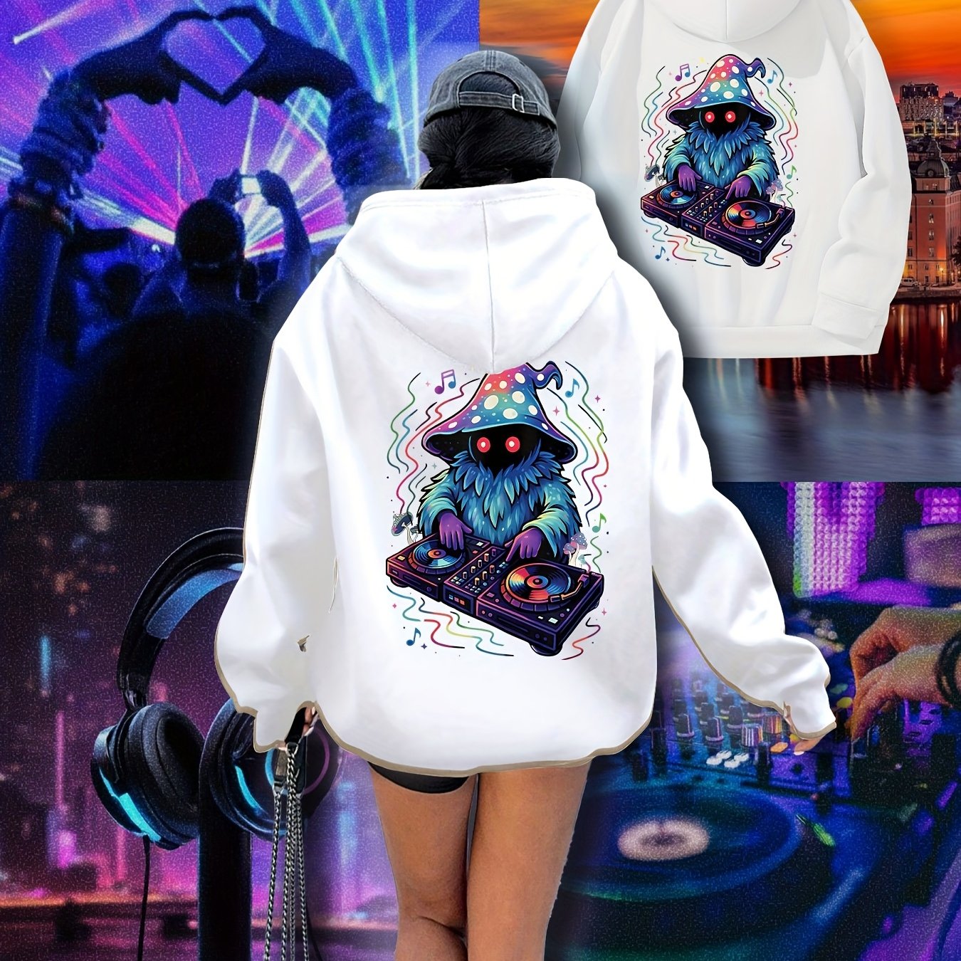 Women's Neon DJ Graphic Hoodie - Music Festival Sweatshirt with Back Print, Pullover Hooded Sweatshirt for Raves, Concerts, Winter Parties - Machine Washable Cold Weather Clothing, Comfortable Drawstring Hood, Rave Outfit, St