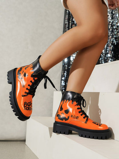 Trendy Plus Size Women's Halloween Print Lace-Up Boots - Thick Low Heel Round Toe PU Cover Short Boots with Rubber Sole, All-Season Comfort for Casual & Festive Occasions