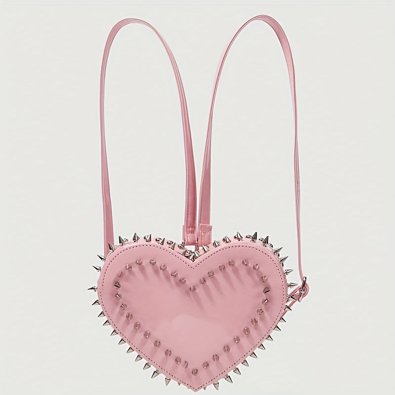 Women'S Punk Gothic Heart-Shaped Chain Backpack - Red Faux Leather with Metallic Studded Design, Adjustable Straps & Zipper Closure, Casual Daypack for Casual Attire, Casual Daypack | Punk Style Backpack | Metallic Studded Ba