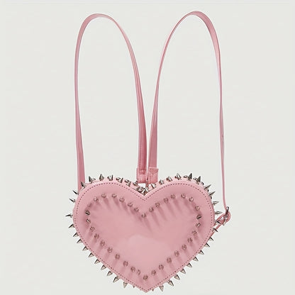 Women'S Punk Gothic Heart-Shaped Chain Backpack - Red Faux Leather with Metallic Studded Design, Adjustable Straps & Zipper Closure, Casual Daypack for Casual Attire, Casual Daypack | Punk Style Backpack | Metallic Studded Ba