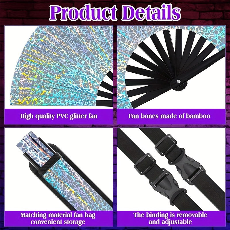 Large Glitter Rave Folding Clack Hand Fan with Holster - Vibrant Mosaic Pattern, Durable Bamboo for Festivals, Halloween, EDM Parties, Burlesque & Drag Queen Performances - Unisex Accessory, Halloween Accessory | Contemporary