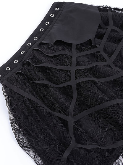 Women's Gothic Punk Gothic Dress with Lace & Layered Hem - A-Line Fitted Short Skirt with Asymmetrical Train, Solid Black Outfit for Concerts, Themed Parties & Casual Attire - Hand Washable All-Season Alternative Fashion Stat