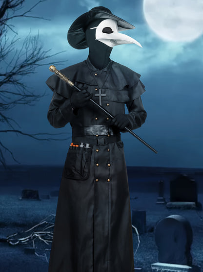 Adult Men'S Steampunk Plague Doctor Costume - Halloween Medieval Monk Priest Renaissance Party Outfit with Cape, Robe, Mask, and Accessories - Polyester 100% Solid Color with Stand Collar and Belt - Regular Fit Woven Fabric 1