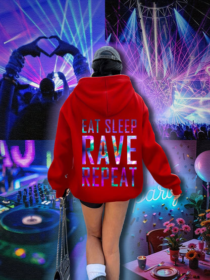 Plus Size, Women's Plus Size "EAT SLEEP RAVE REPEAT" Graphic Hoodie - Music Festival Print with Colorful Lights & DJ Design, Cozy Drawstring Hooded Sweatshirt for Winter & Autumn, Machine Washable Casual Pullover