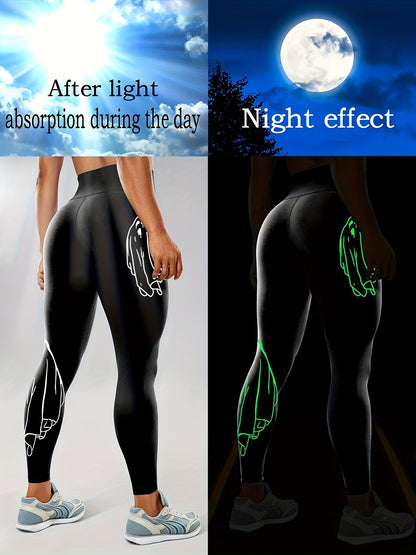 Women'S High-Waisted Stretchy Fitness Leggings with Glow-in-the-Dark Skull Print - Black, Elastic Waistband, Long Length for Running, Yoga & Halloween Party Wear, Yoga Pants, Halloween Leggings, Bold Graphic Pants, Highelasti