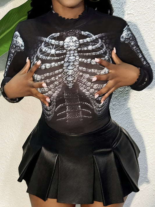 [Trendy Y2K Mesh Top] Y2K Women's Diamond Print Mesh Long Sleeve T-Shirt | Semi-Sheer Stretch Top with High Elasticity, Machine Washable, All-Season Versatile Layering Piece, Trendy Outfit, Edgy Fashion, Stretchy Fabric, Semi