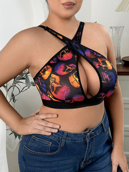 Women's Plus Halloween Gothic Bra, Plus Size Skull Print Cut-out Cross Halter Bralette