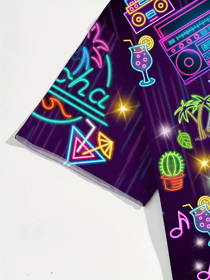 Men'S Casual Tropical Party Neon Graphic T-Shirt - Short Sleeve, Summer Vacation Shirt with Palm Trees, Flamingos, and Music Notes Design, Casual Attire|Tropical Theme|Polyester Fabric