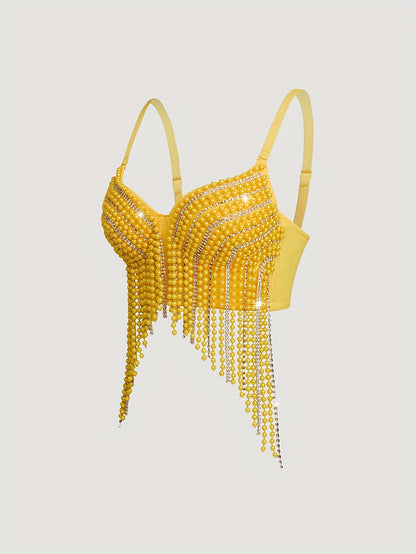 Sexy Fishbone Corset Top with Pearl Embellishments & Tassel Details - Vibrant Pink Stretchy Spaghetti Strap Bustier for Nightclub, Concert, Festival - Versatile All-Season Women's Fashion, Concert Attire, Elegant Style, Styli