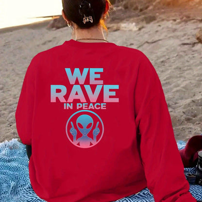 Women'S Casual Crew Neck Long Sleeve Sweatshirt, Polyester 100% Knit Fabric, Geometric Alien "WE RAVE in PEACE" Graphic, Fall/Winter Regular Length