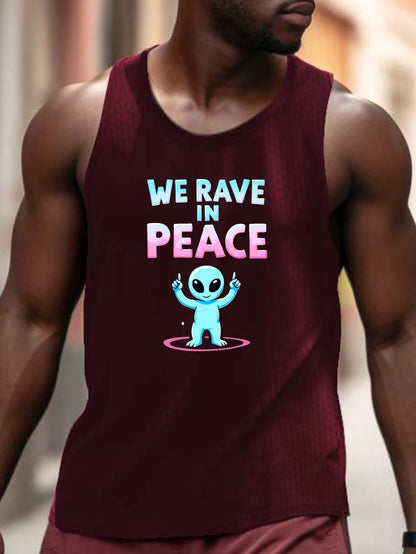 Men'S "We Rave in Peace" Graphic Tank Top - Casual Sleeveless Athletic Shirt, Breathable & Comfy, Black with Blue & Pink Alien Design, Perfect for Summer, Alien Clothe