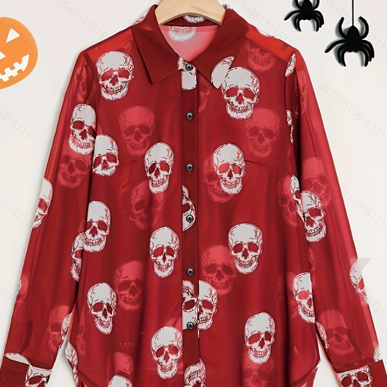 Women'S Elegant Halloween Skull Print Shirt, 100% Polyester Linen Blend, All-Season Lapel Collar, Woven Fabric, 180gsm - Adult Fashion Top