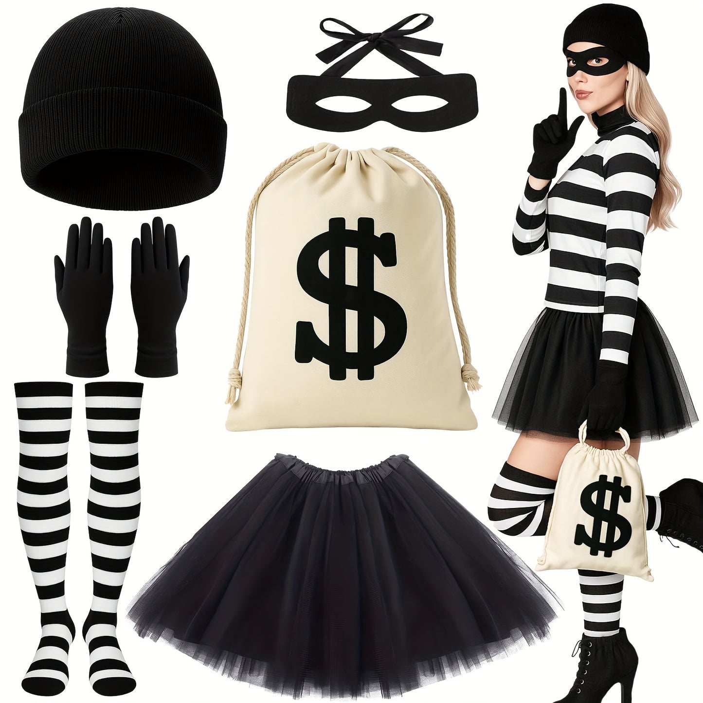 6pcs Women Robber Costume Set - Black Beanie, Gloves, Eye Mask, Striped Socks, Tutu Skirt, Canvas Money Bag for Halloween, Cosplay, and Fancy Dress Parties, Adult Halloween Costume | Playful Accessories | Polyester Fiber, Hal