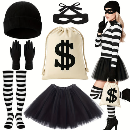 6pcs Women Robber Costume Set - Black Beanie, Gloves, Eye Mask, Striped Socks, Tutu Skirt, Canvas Money Bag for Halloween, Cosplay, and Fancy Dress Parties, Adult Halloween Costume | Playful Accessories | Polyester Fiber, Hal