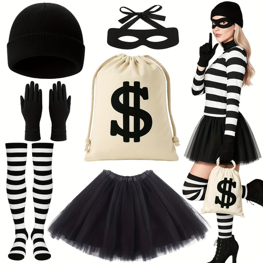 6pcs Women Robber Costume Set - Black Beanie, Gloves, Eye Mask, Striped Socks, Tutu Skirt, Canvas Money Bag for Halloween, Cosplay, and Fancy Dress Parties, Adult Halloween Costume | Playful Accessories | Polyester Fiber, Hal