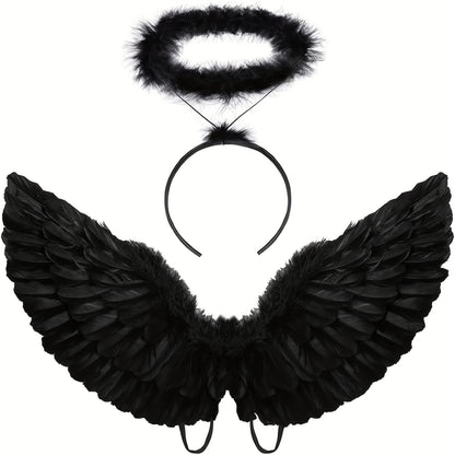 Angel Wings with Halo Costume - Black & White Halloween, Christmas, And Party Costume Accessory for Costume Parties, Halloween Costumes, Festive Attire, Elegant Design, Intricate Detailing for Halloween, Christmas Event & Par